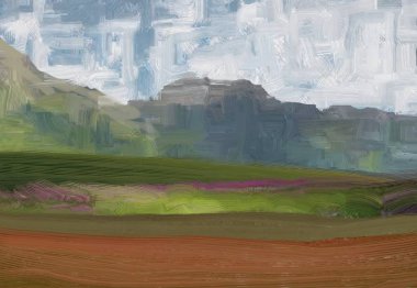 Renkli yeşil kırsal alan ve çim. Yaz zamanı. 2d illüstrasyon. Yağlıboya manzara sanatı. Kırsal dağlık bölge.