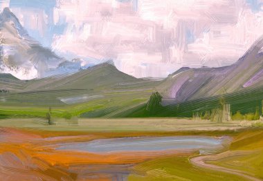 2d illüstrasyon. Yağlıboya manzara sanatı. Kırsal dağlık bölge. Renkli yeşil alan ve çimen. Yaz zamanı. Kırsal.