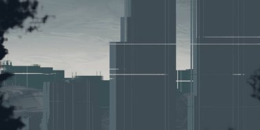 2d illüstrasyon. Gökdelen şehir metropol. Dijital sanat. El yapımı dijital boyama.