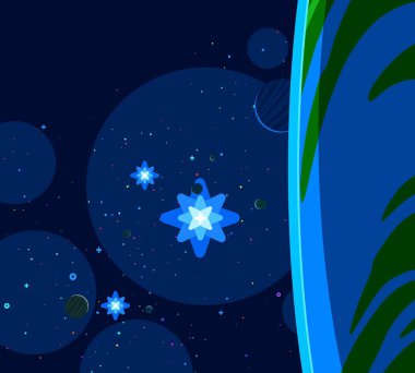 2d illüstrasyon. Karikatür uzay arka plan resmi. Derin geniş alan. Yıldızlar, gezegenler ve uydular. Çeşitli bilim kurgu yaratıcı fon. Uzay sanatı. Yabancı gezegenler.