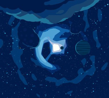 2d illüstrasyon. Karikatür uzay arka plan resmi. Derin geniş alan. Yıldızlar, gezegenler ve uydular. Çeşitli bilim kurgu yaratıcı fon. Uzay sanatı. Yabancı gezegenler.