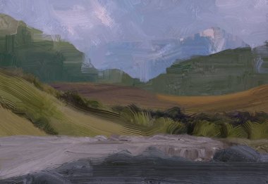 2d illüstrasyon. Yağlıboya manzara sanatı. Kırsal dağlık bölge. Renkli yeşil alan ve çimen. Yaz zamanı. Kırsal.