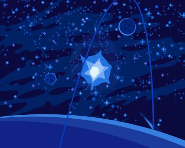 2d illüstrasyon. Karikatür uzay arka plan resmi. Derin geniş alan. Yıldızlar, gezegenler ve uydular. Çeşitli bilim kurgu yaratıcı fon. Uzay sanatı. Yabancı gezegenler.