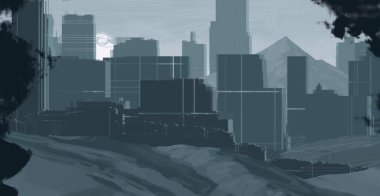 2d illüstrasyon. Gökdelen şehir metropol. Dijital sanat. El yapımı dijital boyama. 