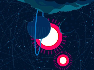 2d illüstrasyon. Karikatür uzay arka plan resmi. Derin geniş alan. Yıldızlar, gezegenler ve uydular. Çeşitli bilim kurgu yaratıcı fon. Uzay sanatı. Yabancı gezegenler.