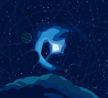 2d illüstrasyon. Karikatür uzay arka plan resmi. Derin geniş alan. Yıldızlar, gezegenler ve uydular. Çeşitli bilim kurgu yaratıcı fon. Uzay sanatı. Yabancı gezegenler.