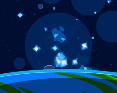 2d illüstrasyon. Karikatür uzay arka plan resmi. Derin geniş alan. Yıldızlar, gezegenler ve uydular. Çeşitli bilim kurgu yaratıcı fon. Uzay sanatı. Yabancı gezegenler.