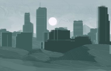 2d illüstrasyon. Gökdelen şehir metropol. Dijital sanat. El yapımı dijital boyama. 