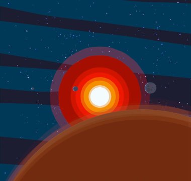 2d illüstrasyon. Karikatür uzay arka plan resmi. Derin geniş alan. Yıldızlar, gezegenler ve uydular. Çeşitli bilim kurgu yaratıcı fon. Uzay sanatı. Yabancı gezegenler.