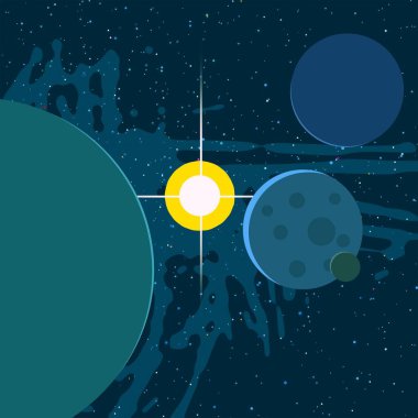 2d illüstrasyon. Karikatür çizmek tarzı. Derin yıldızlararası uzay. Yıldızlar, gezegenler ve uydular. Çeşitli bilim kurgu yaratıcı fon. Uzay sanatı. Hayali kozmik arka plan. Gezegenler ve Uydular.