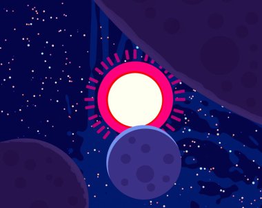 2D çizim. Çizgi film arkaplan resmi. Derin geniş uzay. Yıldızlar, gezegenler ve uydular. Çeşitli bilim kurgu yaratıcı arka planlar. Uzay sanatı. Yabancı güneş sistemleri. Gezegenler ve uydular..