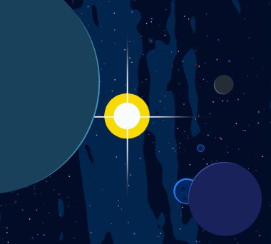 2D çizim. Çizgi film arkaplan resmi. Derin geniş uzay. Yıldızlar, gezegenler ve uydular. Çeşitli bilim kurgu yaratıcı arka planlar. Uzay sanatı. Yabancı güneş sistemleri. Gezegenler ve uydular..