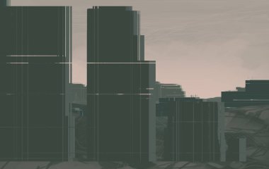 2d illüstrasyon. Gökdelen şehir metropol. Dijital sanat. El yapımı dijital boyama. 