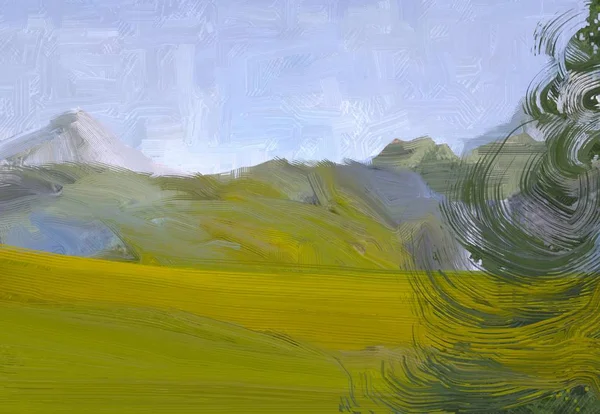 Illustrazione Pittura Olio Arte Paesaggistica Regione Rurale Montagna Campo Verde — Foto Stock