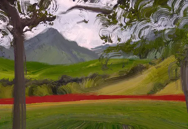 Illustrazione Pittura Olio Arte Paesaggistica Regione Rurale Montagna Campo Verde — Foto Stock