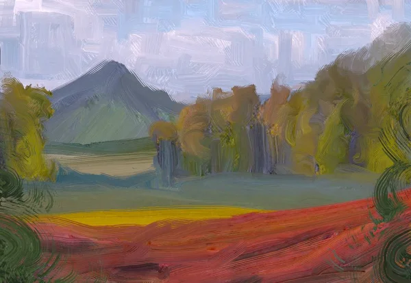 Ilustração Pintura Óleo Arte Paisagem Região Montanhosa Rural Campo Verde — Fotografia de Stock