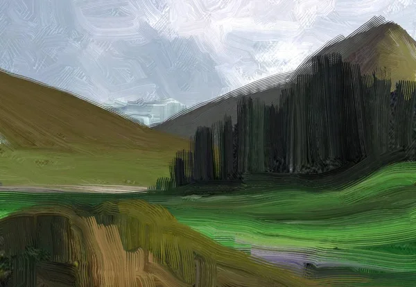 Colorato Campo Campagna Verde Erba Ora Legale Illustrazione Pittura Olio — Foto Stock