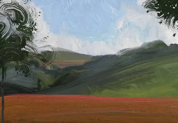 Colorato Campo Campagna Verde Erba Ora Legale Illustrazione Pittura Olio — Foto Stock