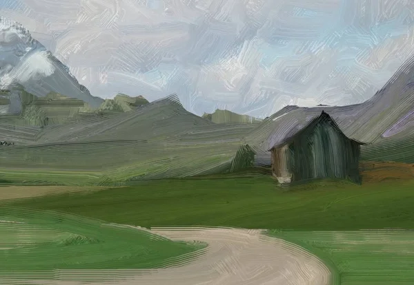 Colorato Campo Campagna Verde Erba Ora Legale Illustrazione Pittura Olio — Foto Stock