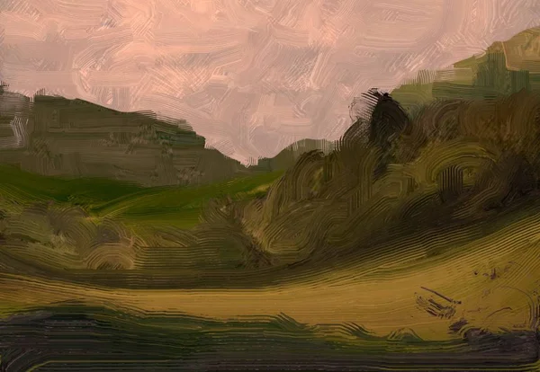 2Dイラスト 油絵風景画 田舎の山岳地帯 カラフルな緑のフィールドと草 夏だ田舎 — ストック写真