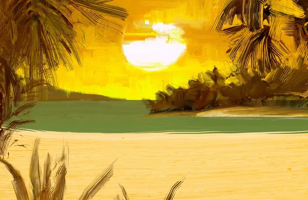 背景に夕日の熱帯のビーチ — ストック写真