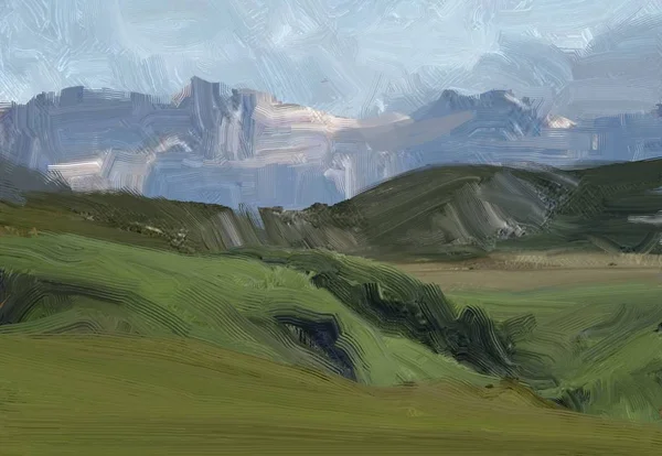 Colorato Campo Campagna Verde Erba Ora Legale Illustrazione Pittura Olio — Foto Stock