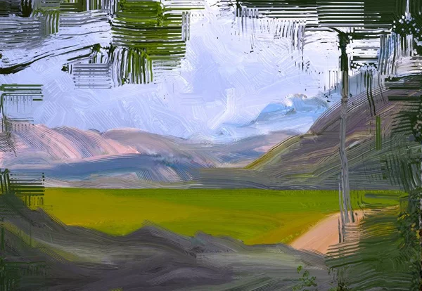 Illustrazione Pittura Olio Arte Paesaggistica Regione Rurale Montagna Campo Verde — Foto Stock