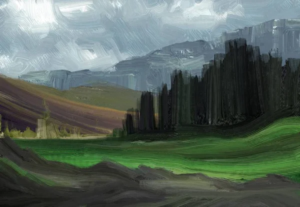 Colorato Campo Campagna Verde Erba Ora Legale Illustrazione Pittura Olio — Foto Stock