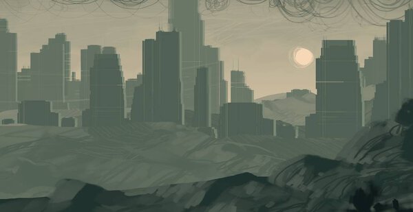 2d illustration. Skyscraper city metropolis. Digital art. Handmade digital painting.