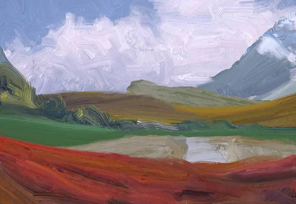 Illustration Oil Painting Landscape Art Rural Mountain Region Colorful Green — Stock Photo, Image