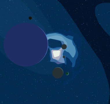 2D çizim. Çizgi film arkaplan resmi. Derin geniş uzay. Yıldızlar, gezegenler ve uydular. Çeşitli bilim kurgu yaratıcı arka planlar. Uzay sanatı. Yabancı güneş sistemleri. Gezegenler ve uydular..