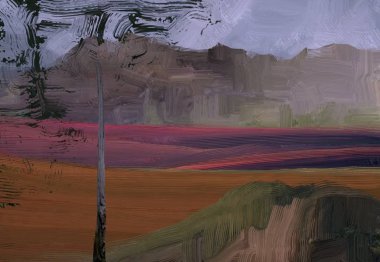 2d illüstrasyon. Yağlıboya manzara sanatı. Kırsal dağlık bölge. Renkli yeşil alan ve çimen. Yaz zamanı. Kırsal.