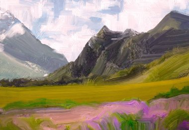 2d illüstrasyon. Yağlıboya manzara sanatı. Kırsal dağlık bölge. Renkli yeşil kırsal alan ve çim. Yaz saati.