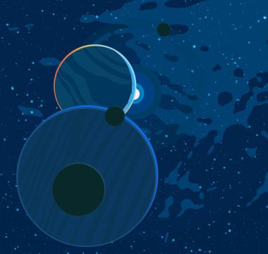 2D çizim. Çizgi film arkaplan resmi. Derin geniş uzay. Yıldızlar, gezegenler ve uydular. Çeşitli bilim kurgu yaratıcı arka planlar. Uzay sanatı. Yabancı güneş sistemleri. Gezegenler ve uydular..