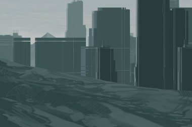 2d illüstrasyon. Gökdelen şehir metropol. Dijital sanat. El yapımı dijital boyama.