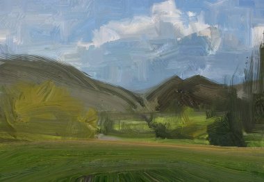 Renkli yeşil kırsal alan ve çim. Yaz zamanı. 2d illüstrasyon. Yağlıboya manzara sanatı. Kırsal dağlık bölge.