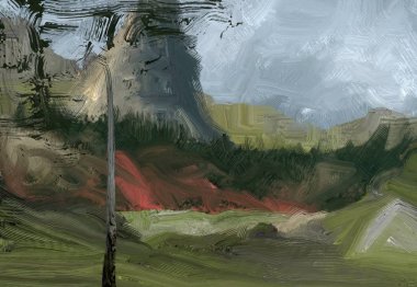 Renkli yeşil kırsal alan ve çim. Yaz zamanı. 2d illüstrasyon. Yağlıboya manzara sanatı. Kırsal dağlık bölge.