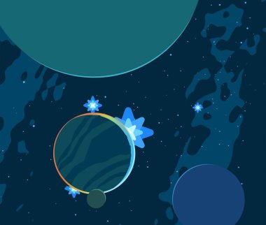 2d illüstrasyon. Karikatür uzay arka plan resmi. Derin geniş alan. Yıldızlar, gezegenler ve uydular. Çeşitli bilim kurgu yaratıcı fon. Uzay sanatı. Uzaylı güneş sistemleri. Gezegenler ve Uydular.