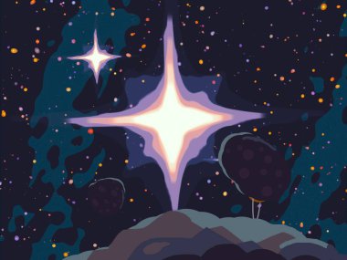 2d illüstrasyon. Karikatür uzay arka plan resmi. Derin geniş alan. Yıldızlar, gezegenler ve uydular. Çeşitli bilim kurgu yaratıcı fon. Uzay sanatı. Uzaylı güneş sistemleri. Gezegenler ve Uydular.