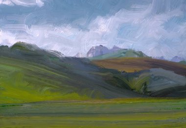 2d illüstrasyon. Yağlıboya manzara sanatı. Kırsal dağlık bölge. Renkli yeşil alan ve çimen. Yaz zamanı. Kırsal.