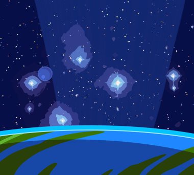 2d illüstrasyon. Karikatür çizmek tarzı. Derin yıldızlararası uzay. Yıldızlar, gezegenler ve uydular. Çeşitli bilim kurgu yaratıcı fon. Uzay sanatı. Hayali kozmik arka plan. Gezegenler ve Uydular.