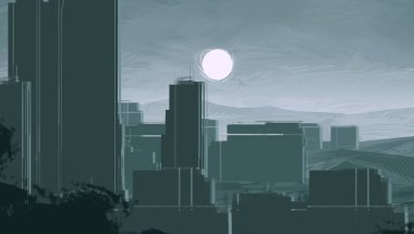 2d illüstrasyon. Gökdelen şehir metropol. Dijital sanat. El yapımı dijital boyama.