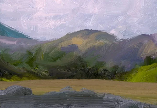 Ilustração Pintura Óleo Arte Paisagem Região Montanhosa Rural Campo Verde — Fotografia de Stock