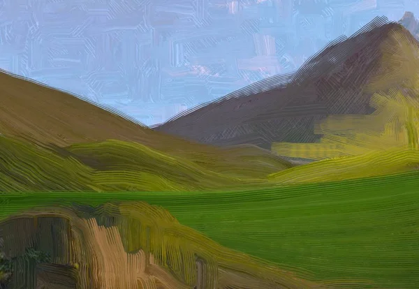 Illustrazione Pittura Olio Arte Paesaggistica Regione Rurale Montagna Campo Verde — Foto Stock