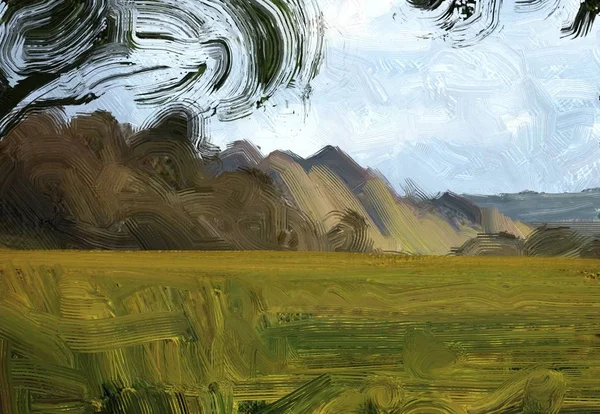 Colorato Campo Campagna Verde Erba Ora Legale Illustrazione Pittura Olio — Foto Stock