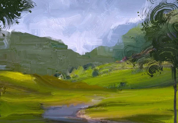 Illustration Oil Painting Landscape Art Rural Mountain Region Colorful Green — Stock Photo, Image