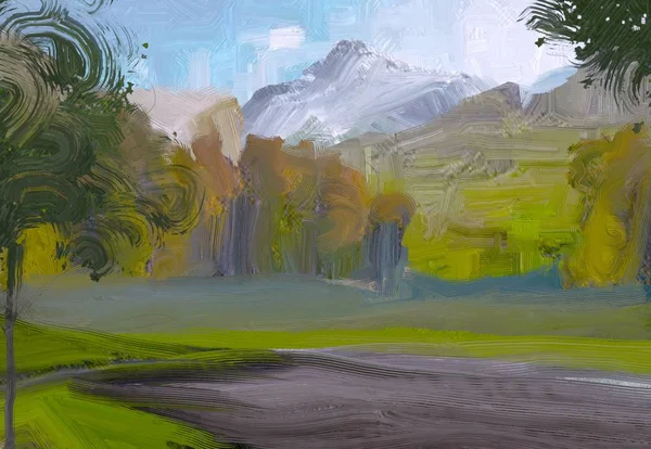 Illustration Oil Painting Landscape Art Rural Mountain Region Colorful Green — Stock Photo, Image