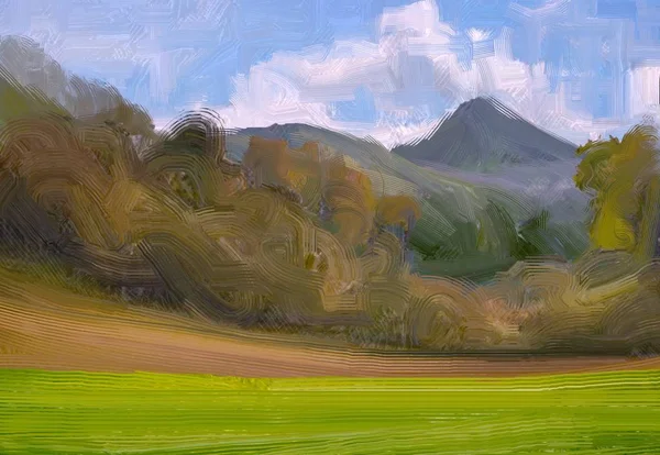 Illustration Peinture Huile Paysage Art Région Montagneuse Rurale Champ Vert — Photo