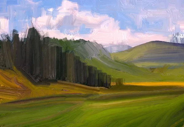 Ilustração Pintura Óleo Arte Paisagem Região Montanhosa Rural Campo Verde — Fotografia de Stock