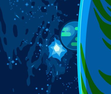 2d illüstrasyon. Karikatür uzay arka plan resmi. Derin geniş alan. Yıldızlar, gezegenler ve uydular. Çeşitli bilim kurgu yaratıcı fon. Uzay sanatı. Uzaylı güneş sistemleri. Gezegenler ve Uydular.